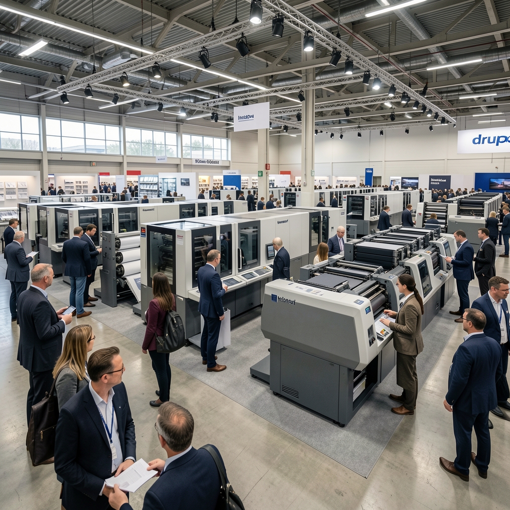 Торговый зал выставки полиграфического оборудования drupa с крупными офсетными машинами Heidelberg и Komori, посетители осматривают оборудование